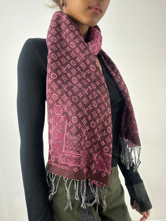 winter edit | pink and brown louis vuitton tassel scarf with monogram print