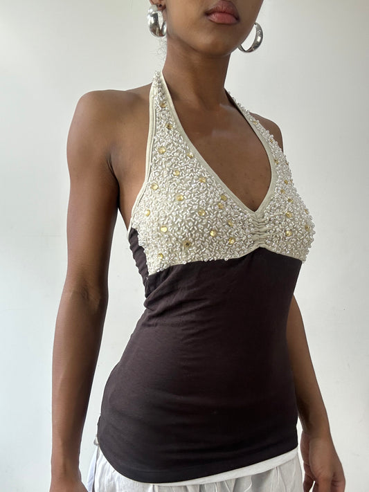 vintage edit thirty-one | small brown and cream halterneck top with beading