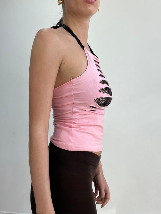 #391 SAMPLE SALE | xs الوردي قطع fishnet halterneck المرأة اللباس العلوي