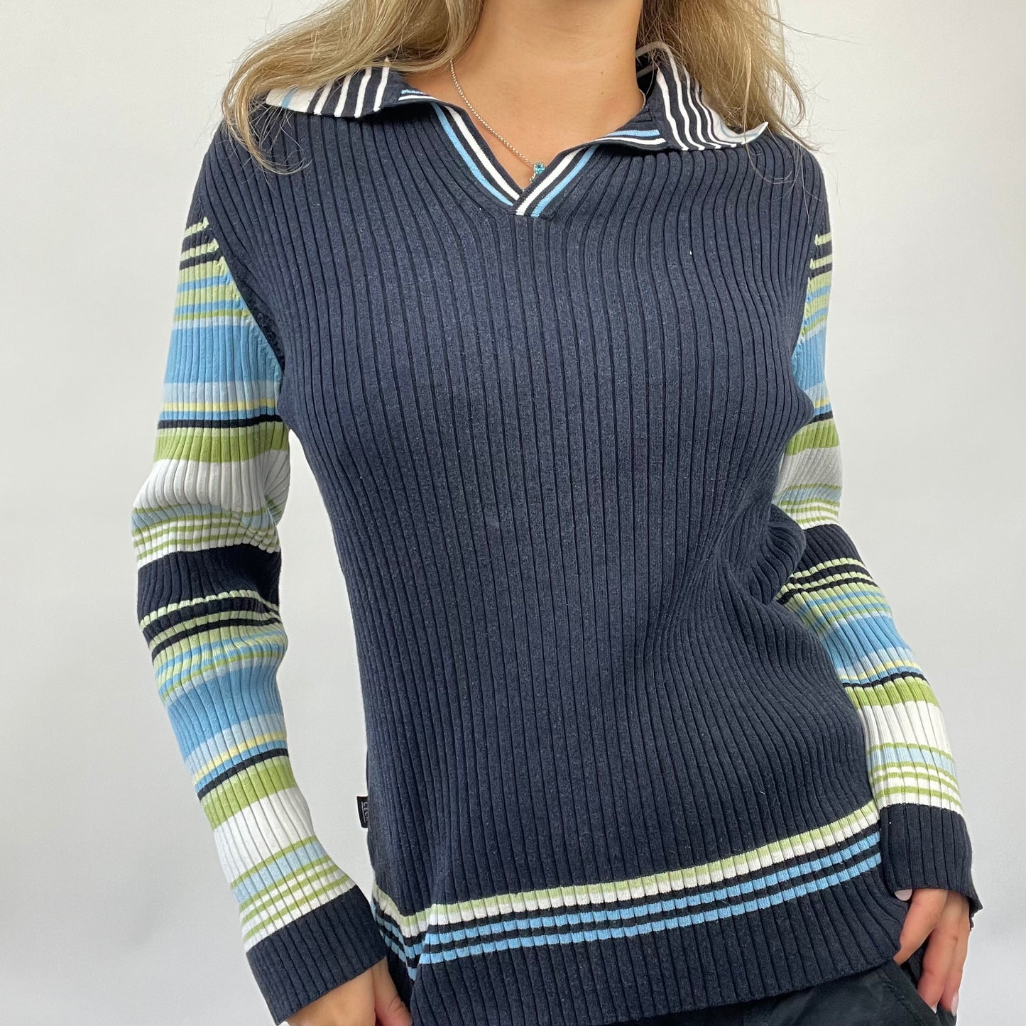 POSH AND BECKS DROP | small navy knit collared top with striped sleeves