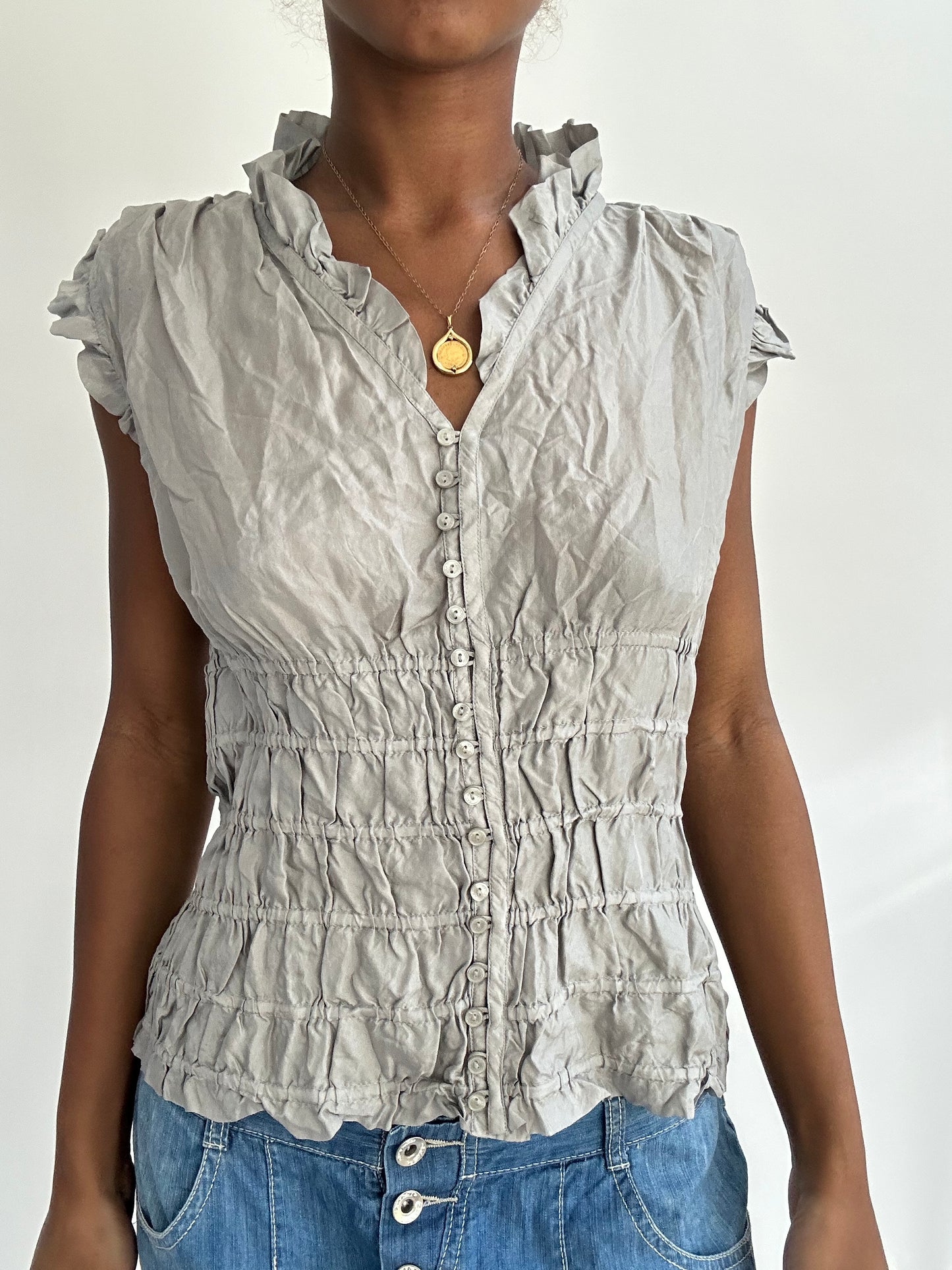 summermaxxing drop | small grey ruffle button up top