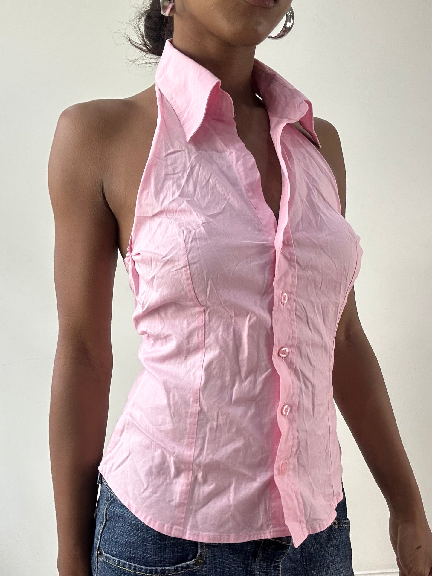 LFW edit | small pink halterneck button up shirt