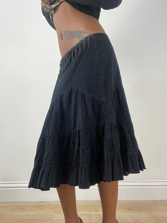 BEST PICKS | small black tiered midi skirt with drop chain detail