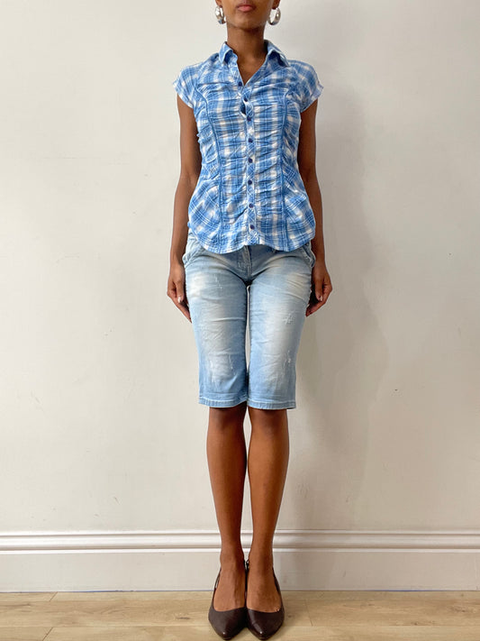 midsummer edit | small blue denim shorts with bow detail