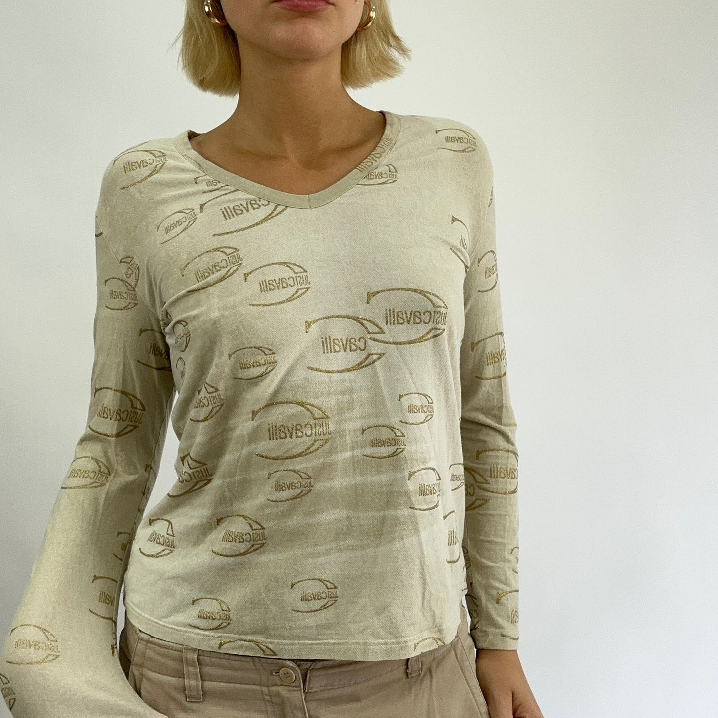 BEST PICKS | small beige cavalli logo print long sleeve top