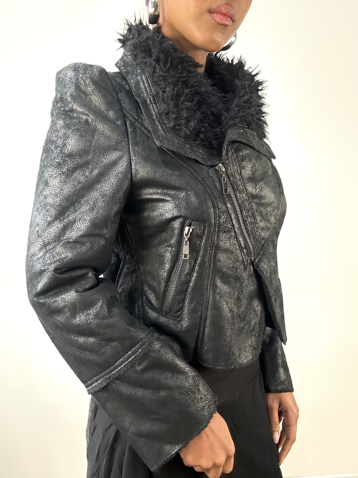 vintage edit: indie sleaze | small black faux leather zip up jacket