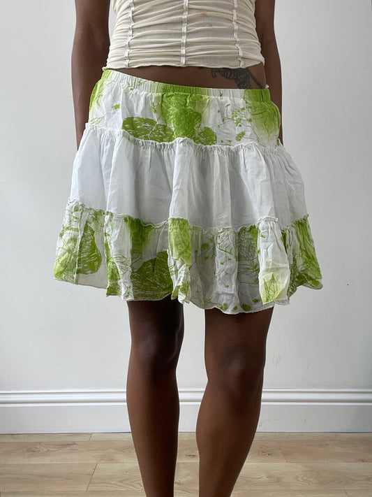 vintage edit twenty-five | extra small white tiered mini skirt with green floral pattern