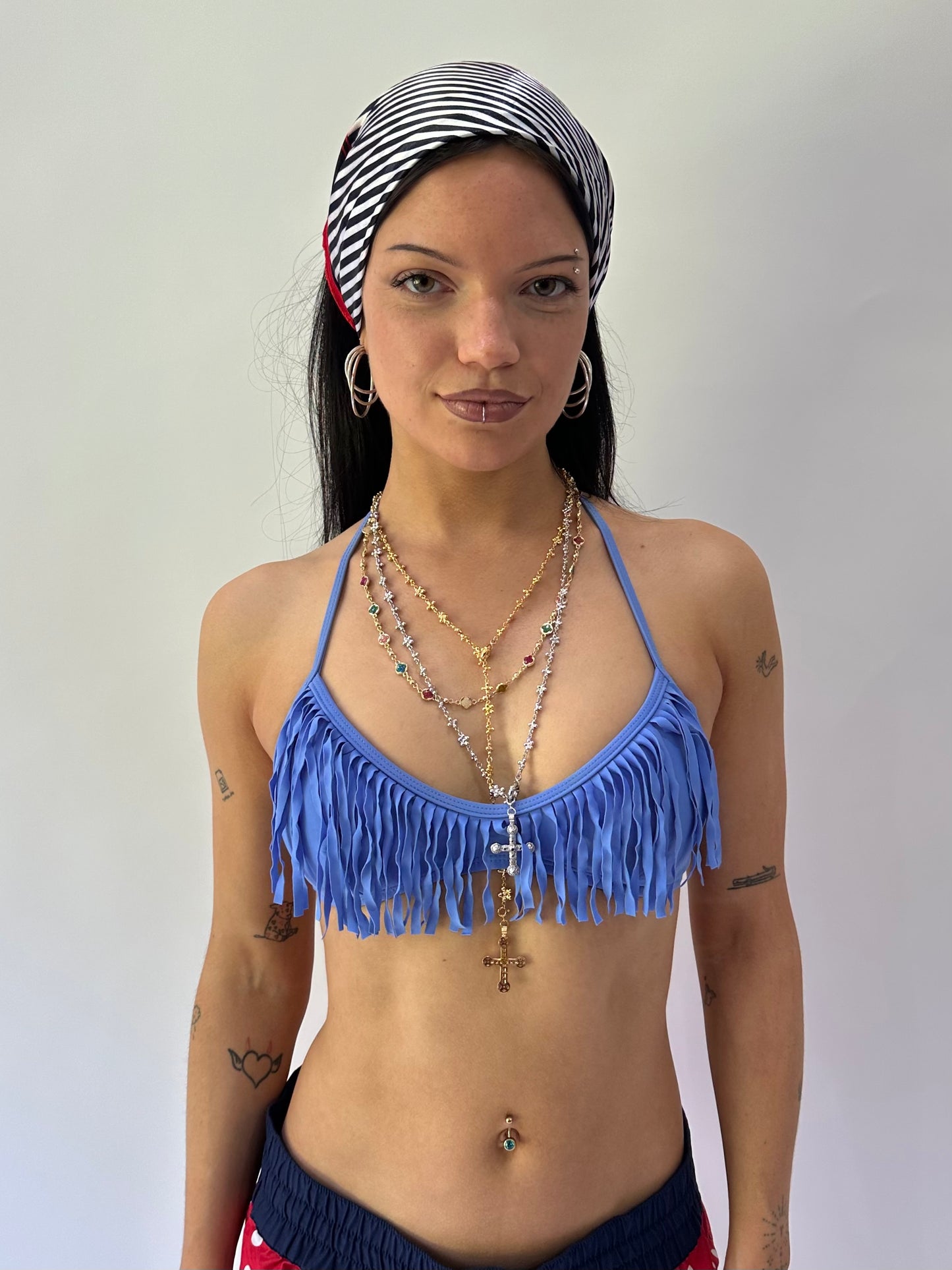 sailor drop | small blue fringe halterneck bikini top