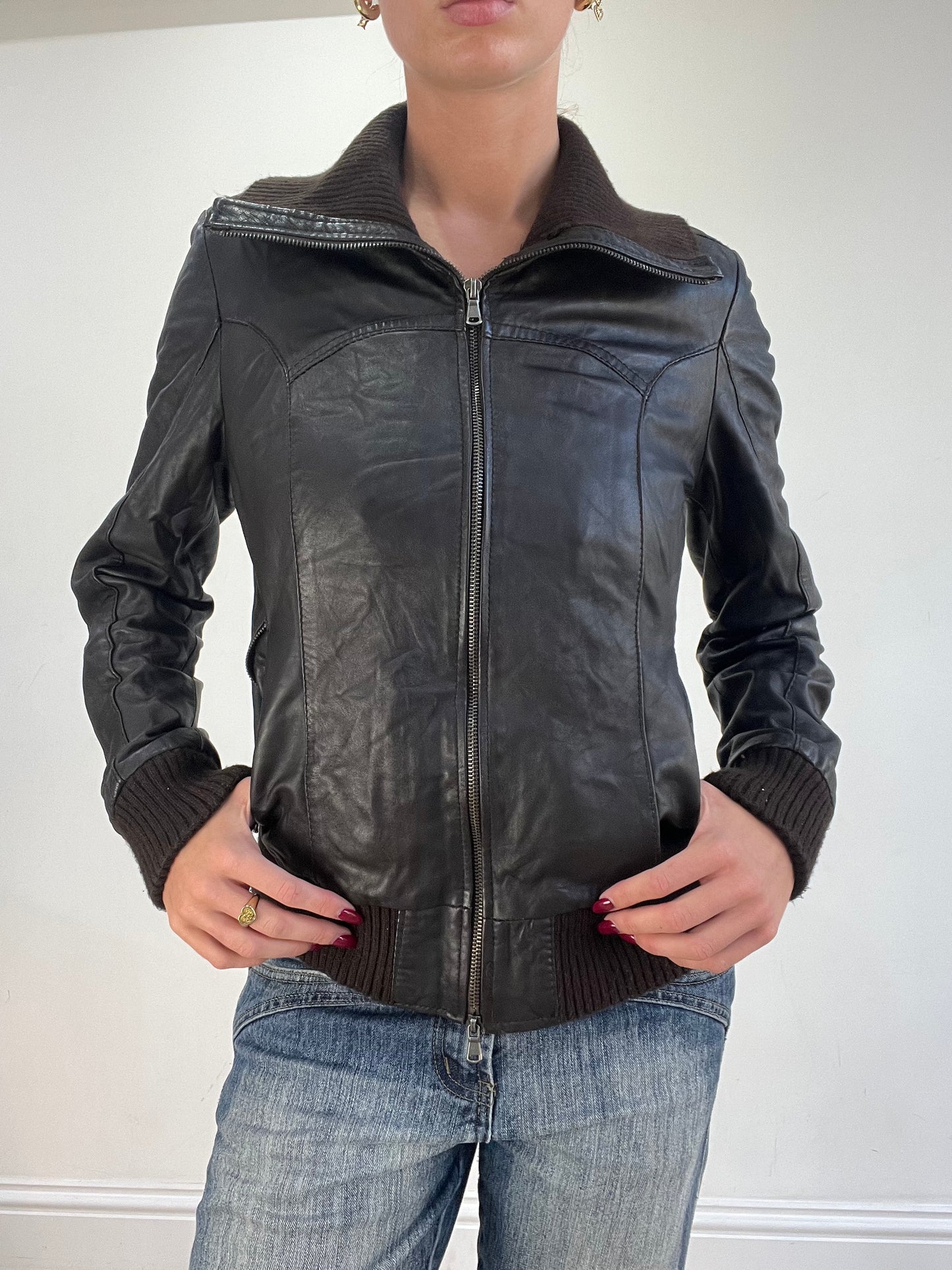 vintage edit sixteen | small brown faux leather dual zip jacket
