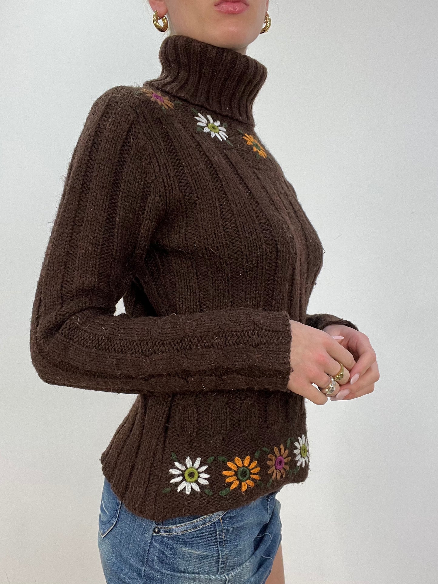 vintage edit nine | small brown ribbed roll neck floral jumper