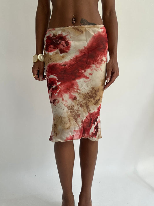 summermaxxing drop | medium beige and red patterned midi skirt
