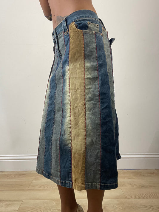 vintage edit: fashion week | medium blue denim striped midi skirt