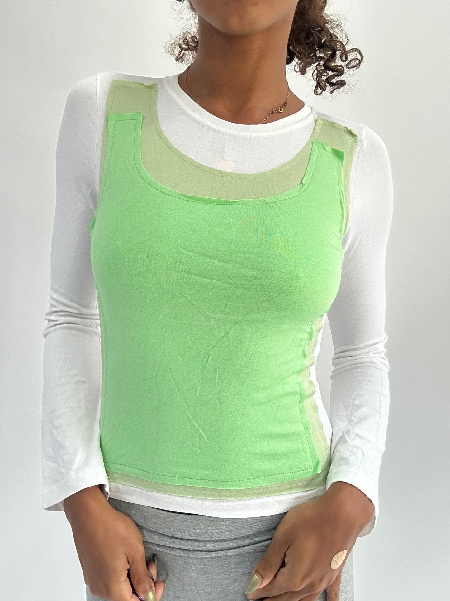 ‼️ | small white long sleeve top with green vest overlay detail