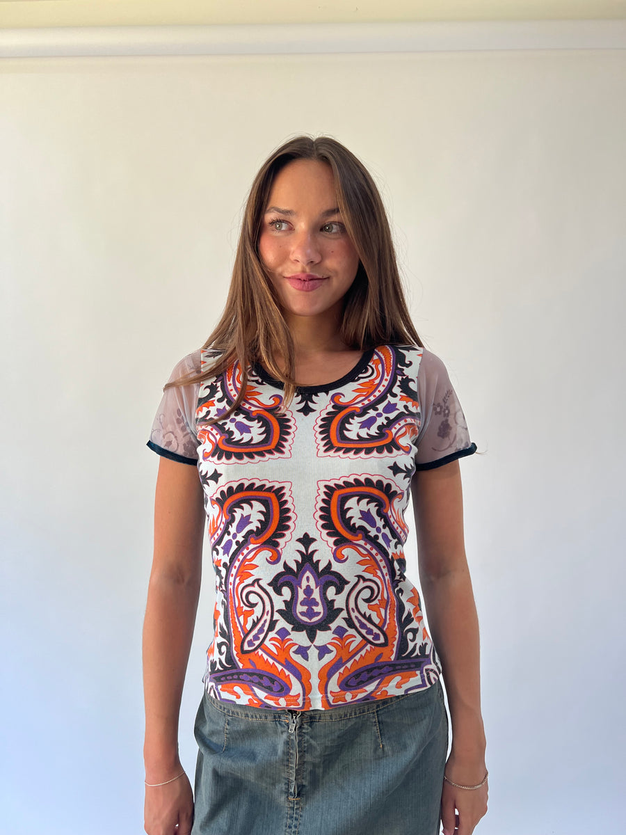 back to school drop | small custo barcelona orange and white patterned top
