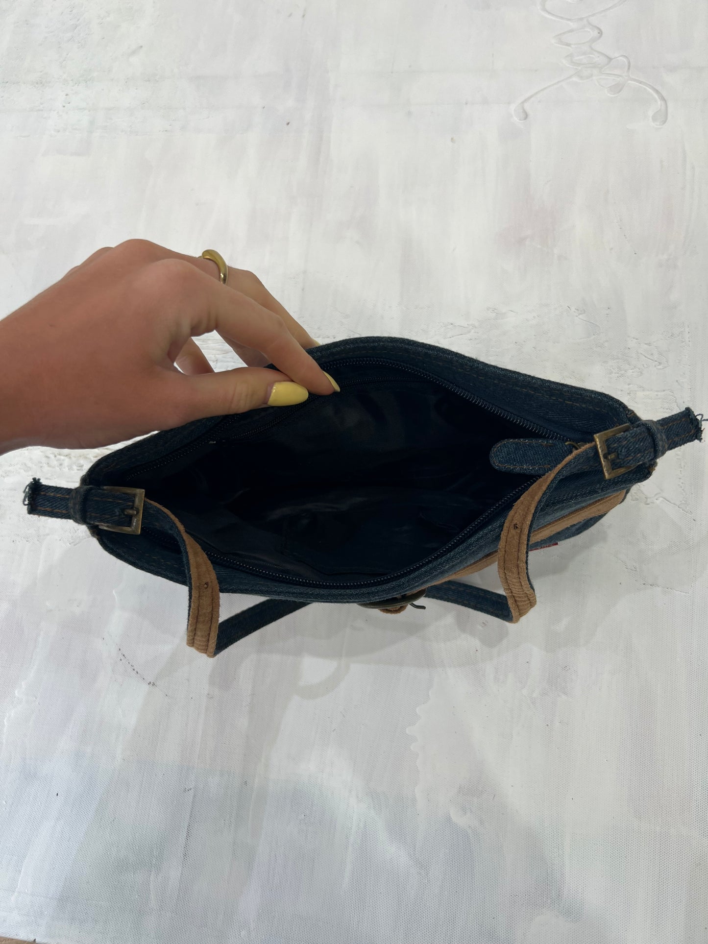 vintage edit eleven | blue denim and beige shoulder bag