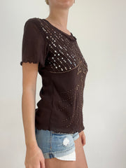 Top-Auswahl | Mittelbraunes Short-Seleve-Top aus Mesh mit Pailletten-Detail