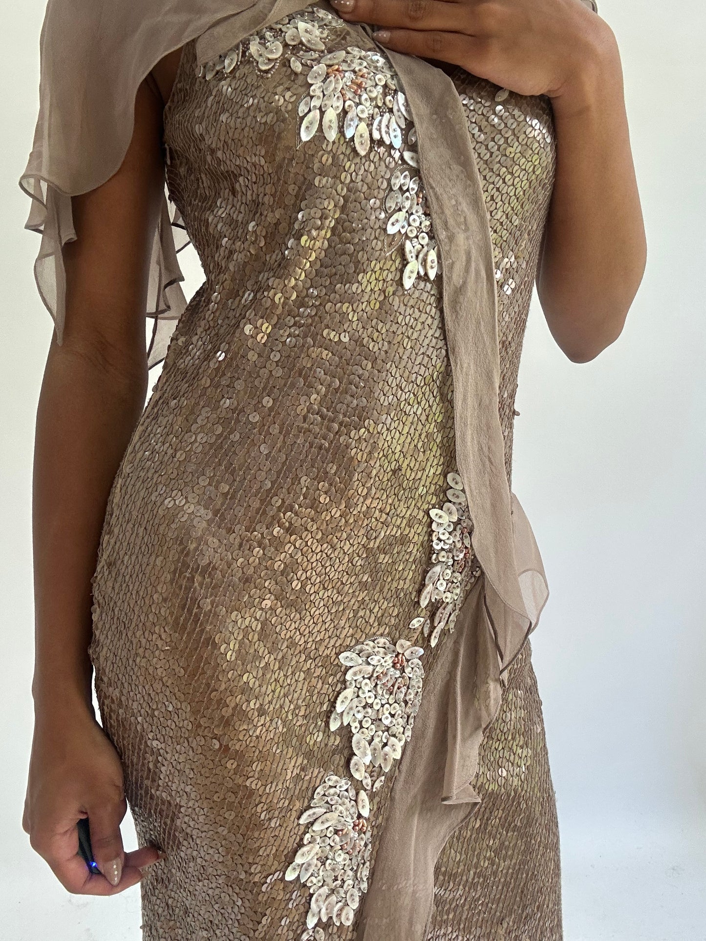 wedding guest drop | extra small/small beige sequin midi dress