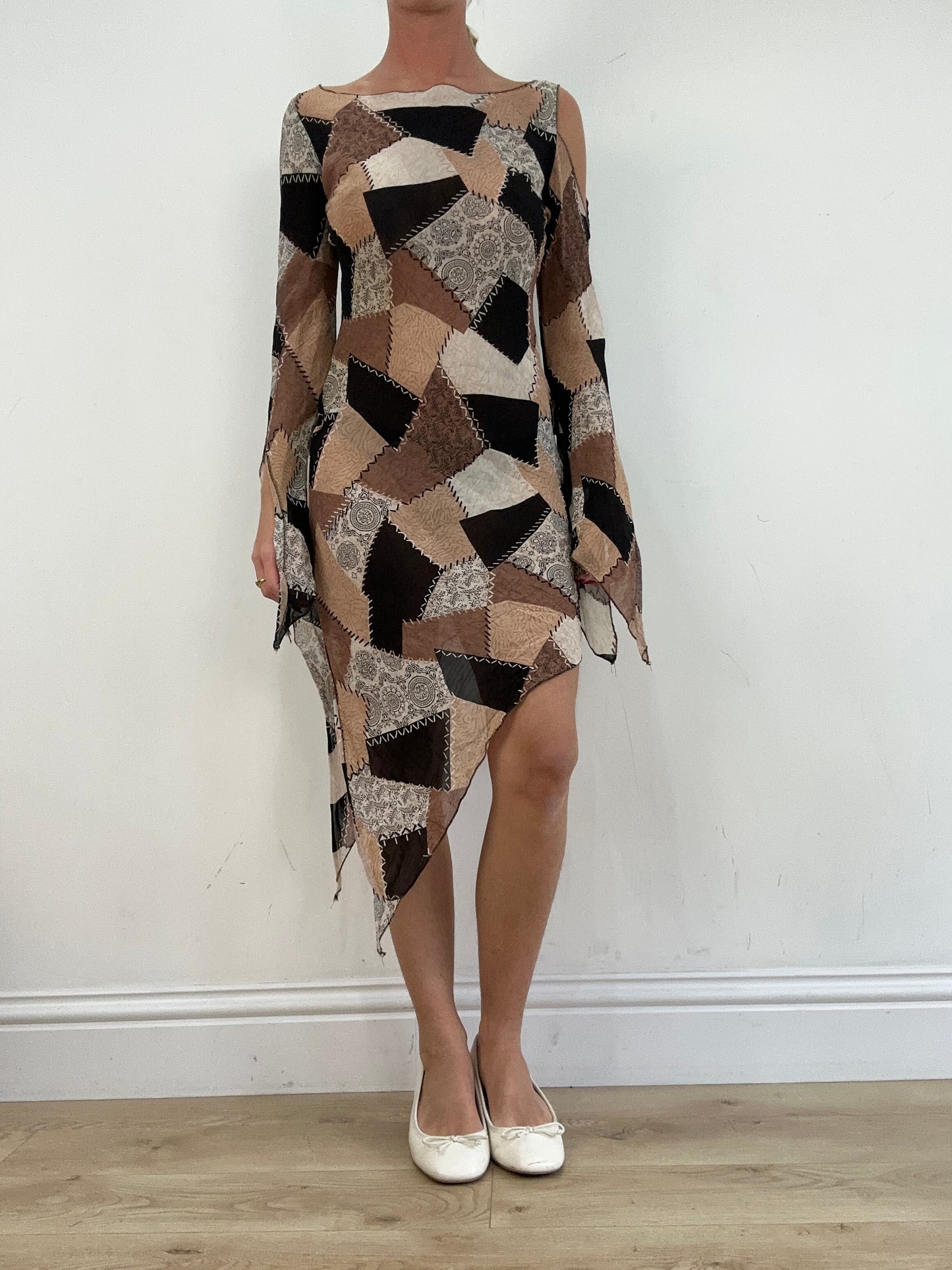 vintage edit thirteen | small black and brown patchwork style asymmetric dress