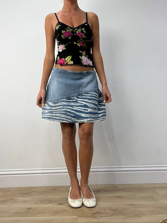 vintage edit twelve | medium light wash zebra print denim skirt