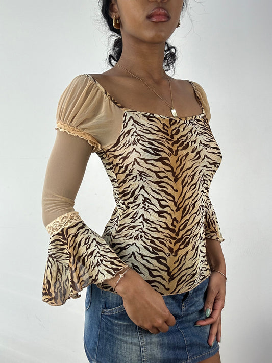 vintage edit: tops | small beige tiger print long sleeve top with mesh capped sleeves