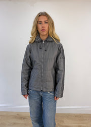 small grey coat with faux fur hood