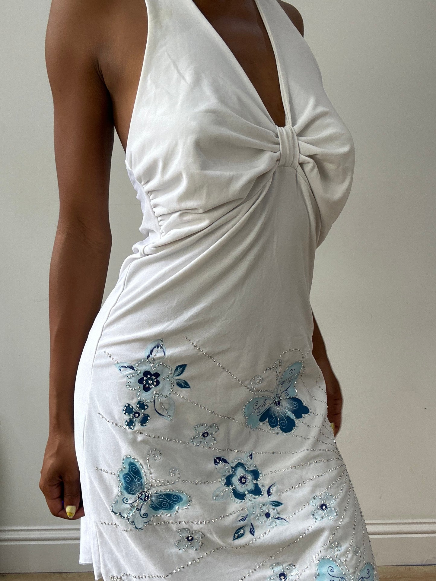 vintage edit thirty-two | small white halterneck midi dress with blue butterfly print
