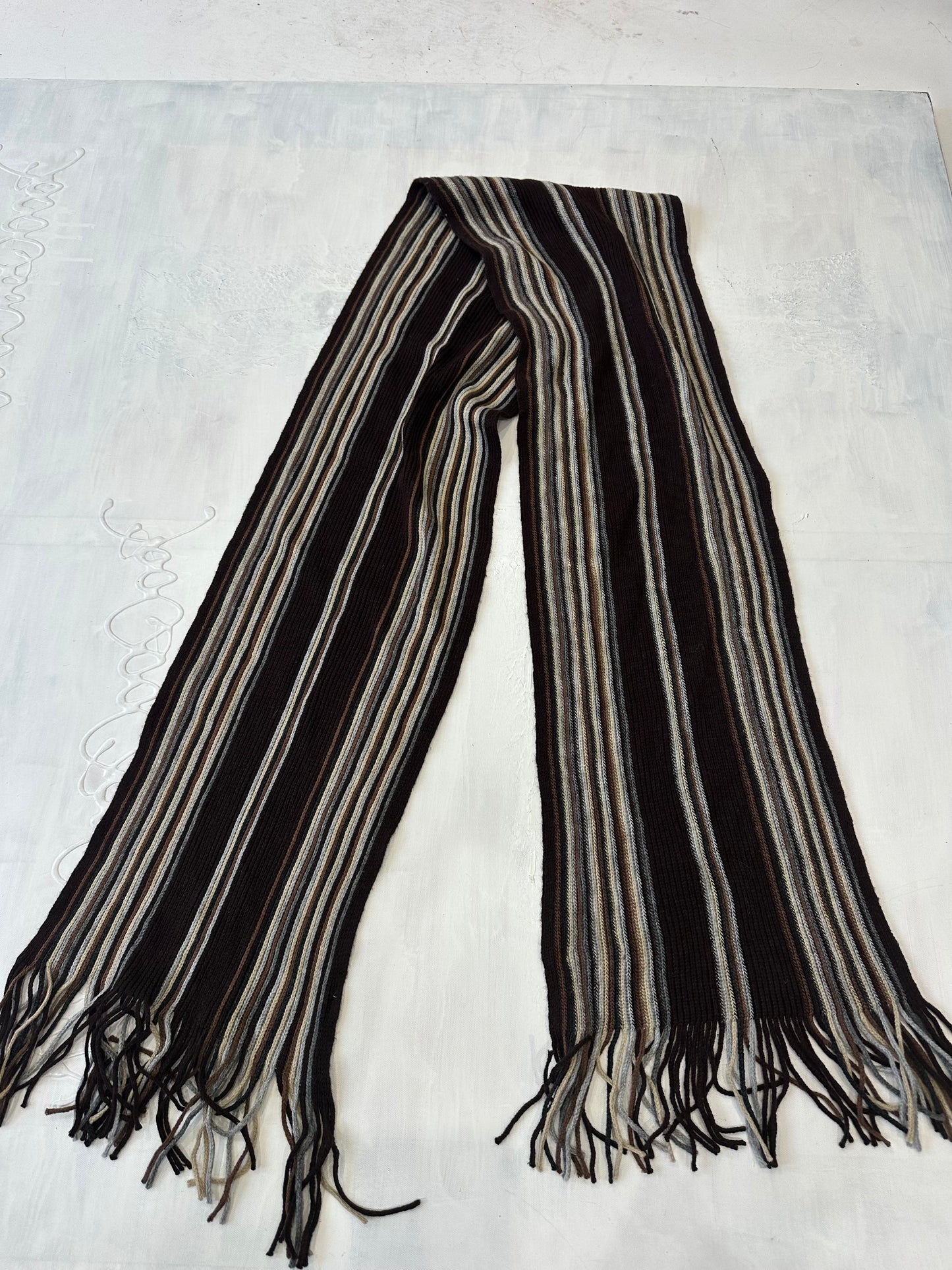 winter edit | brown and cream striped knit tassel scarf