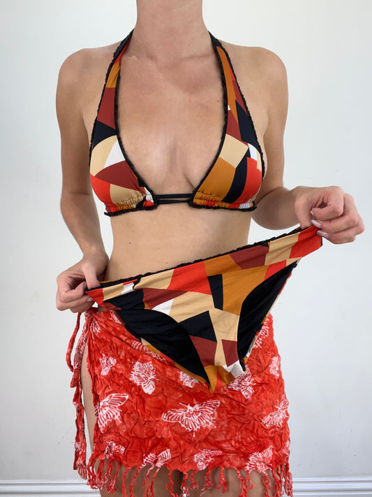 summer edit | small red and brown bikini set with abstract print