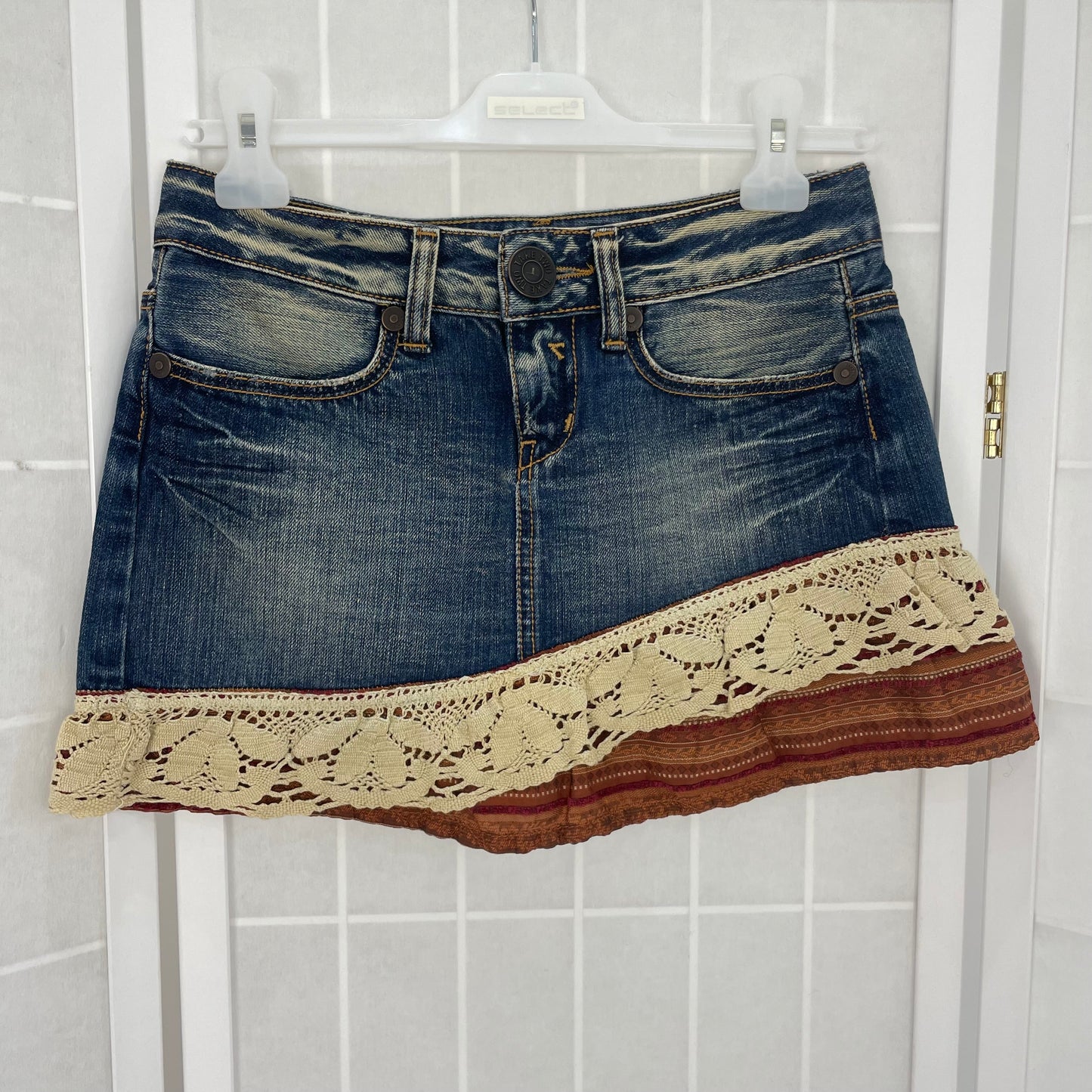 COASTAL GRANDMA DROP | small denim skirt with crochet trim