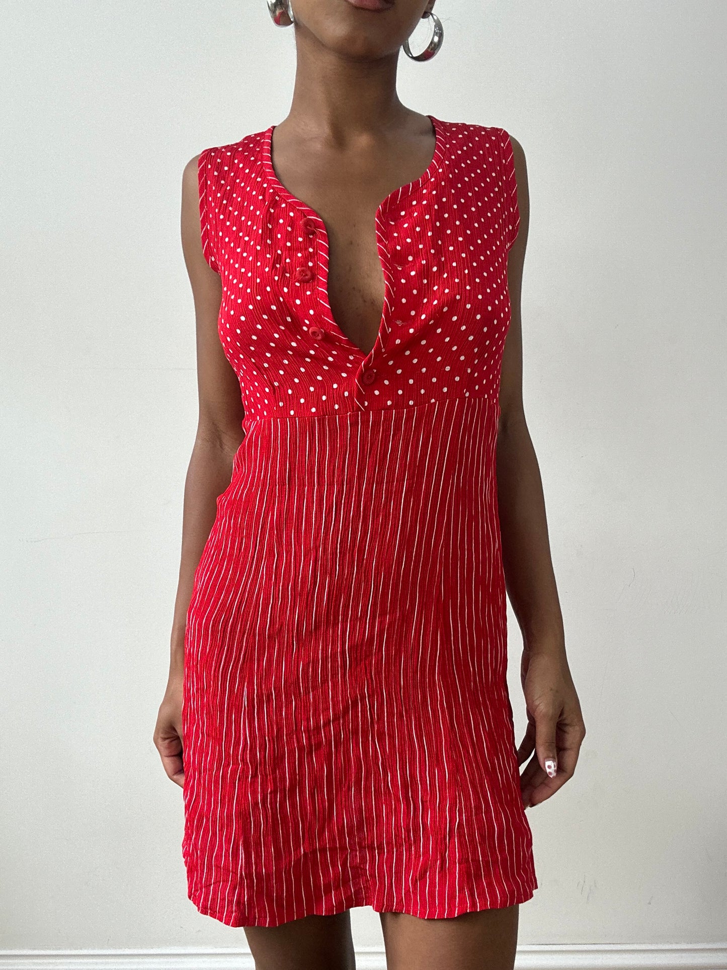 vintage edit twenty-nine | small red mini dress with polka dot and stripe print