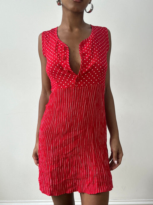 vintage edit twenty-nine | small red mini dress with polka dot and stripe print