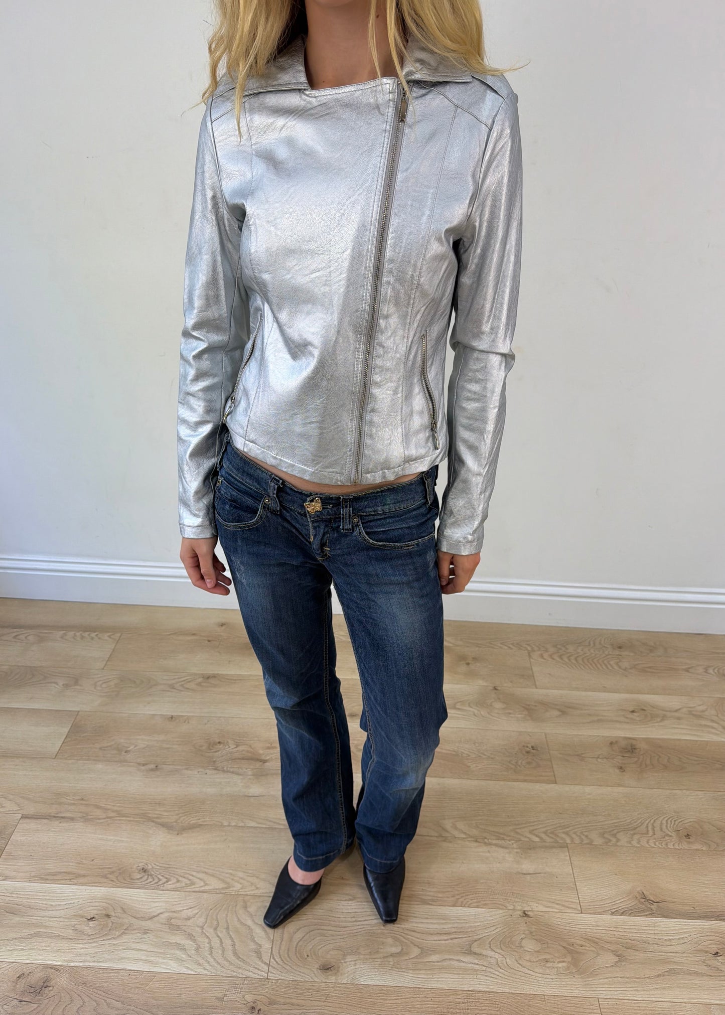 small silver metallic biker jacket