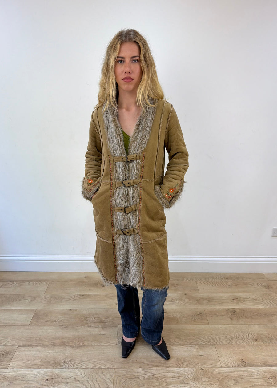 large beige embroidered afghan coat