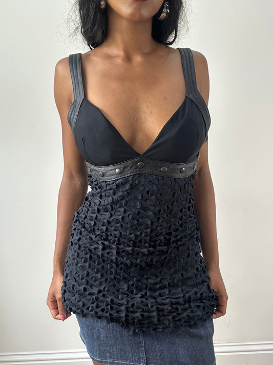 vintage edit: festival | small black distressed cami top with studding detail