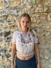 french summer drop | Pequeno branco de cor embroiderado vestido superior feminino