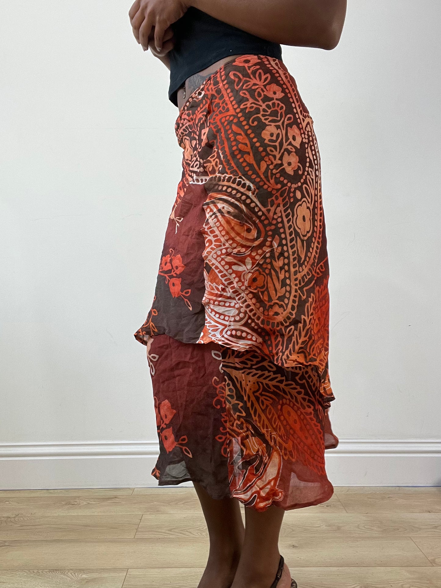BEST PICKS | medium red mesh overlay midi skirt with floral print