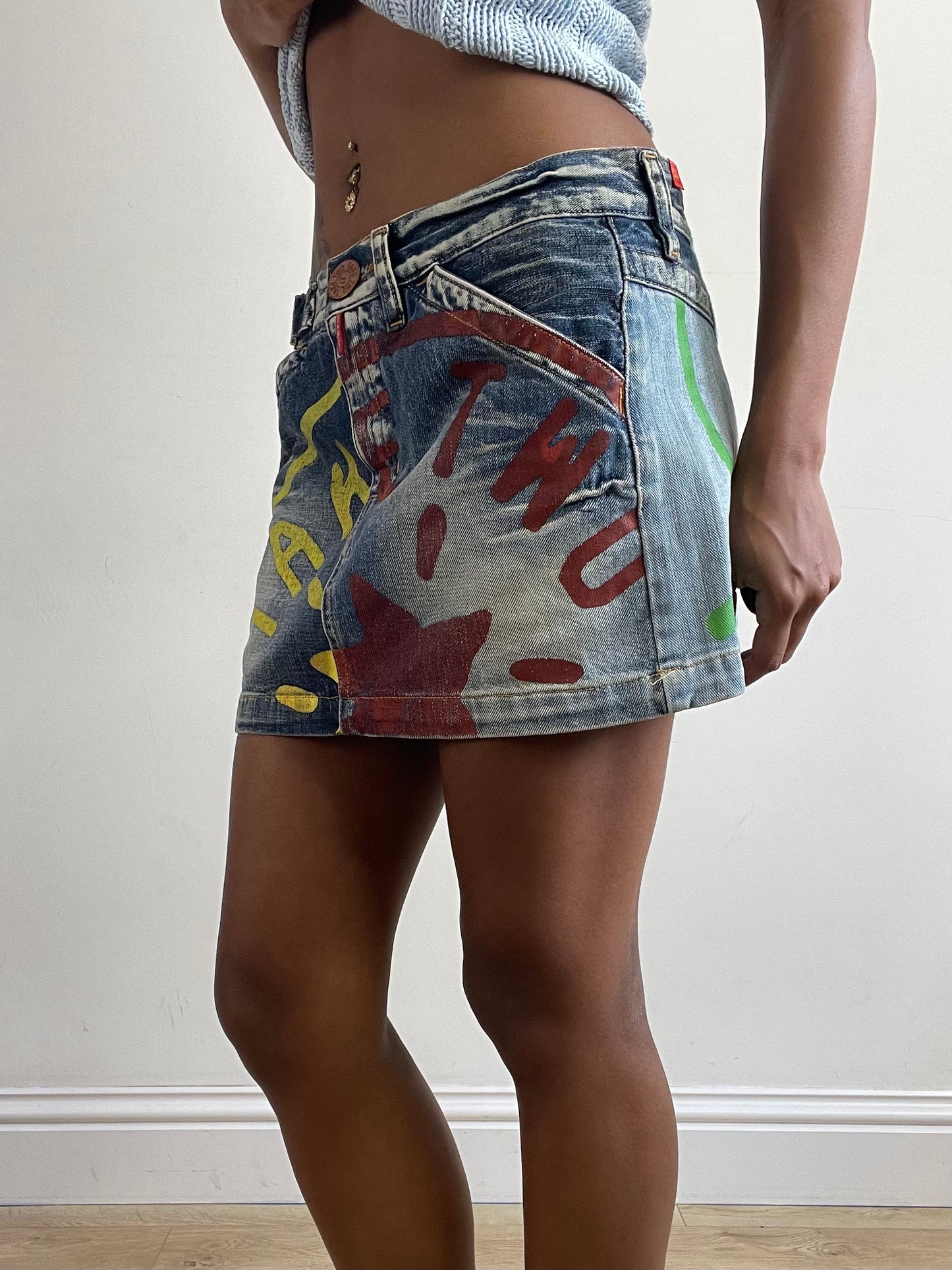 vintage edit twenty-seven | small blue take two denim mini skirt with logo and star graphic