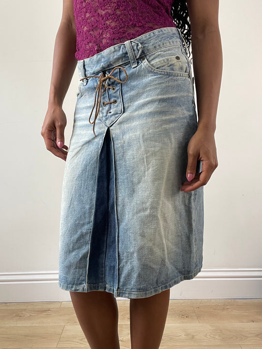 vintage edit: festival | small blue denim lee midi skirt with brown lace up detail