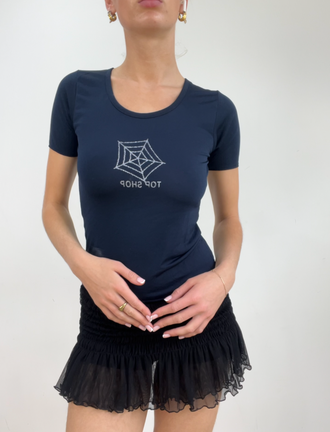 💻‼️ small navy old label topshop top with sparkle cobweb print