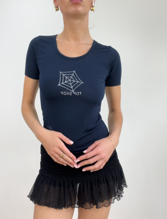 💻‼️ small navy old label topshop top with sparkle cobweb print