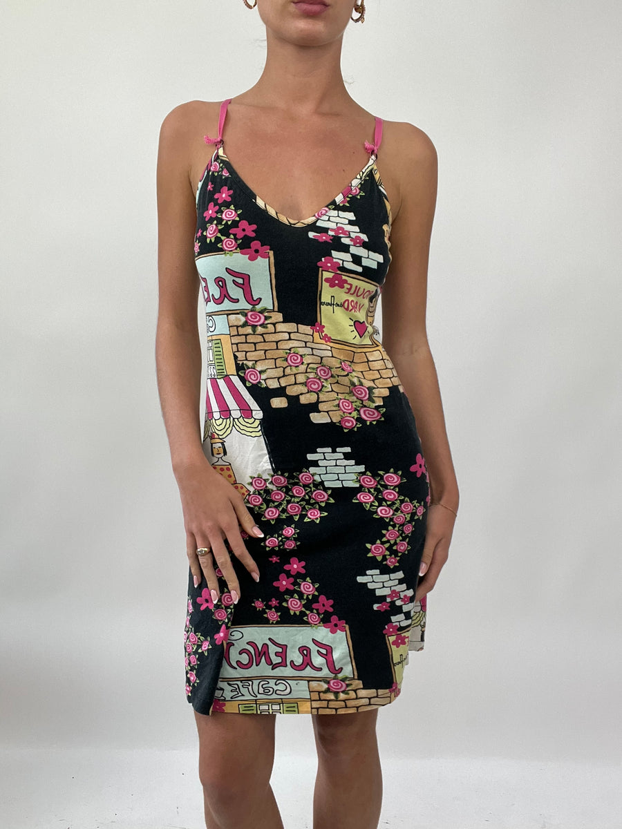 PALM BEACH DROP | small black dress with pink graphic pattern all over and ‘french’ spell out