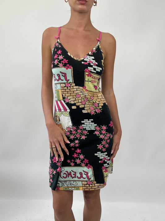 PALM BEACH DROP | small black dress with pink graphic pattern all over and ‘french’ spell out
