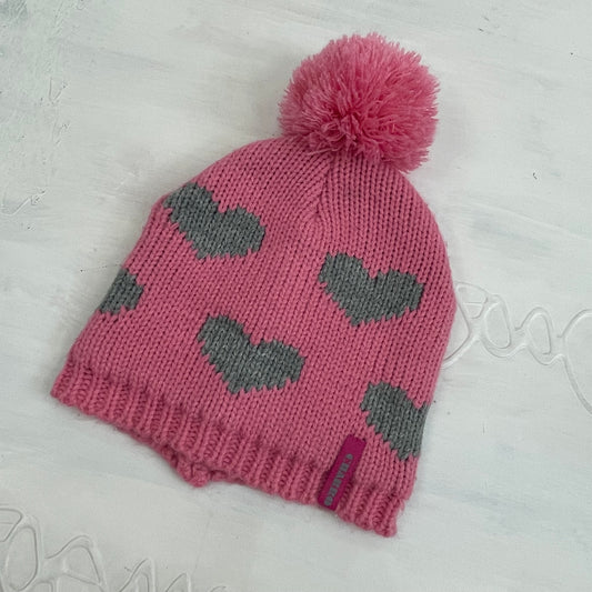 CHALET GIRL DROP | pink knit beanie with heart print