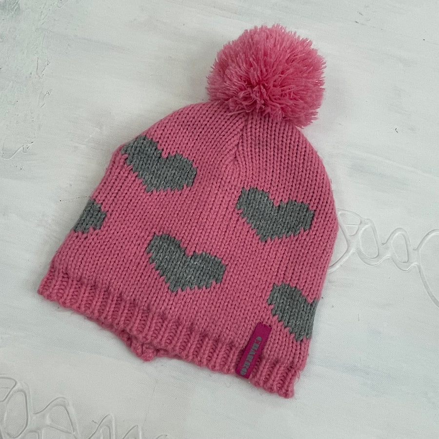 CHALET GIRL DROP | pink knit beanie with heart print
