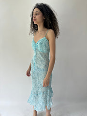 🪡festival drop | taille: S/M · couleur: bleu · article: robe · détails: transparent + fleuri + longueur midi