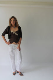 SATC drop | taille: XS · couleur: marron + bleu · article: caraco · détails: rayures tennis + transparent + broderie