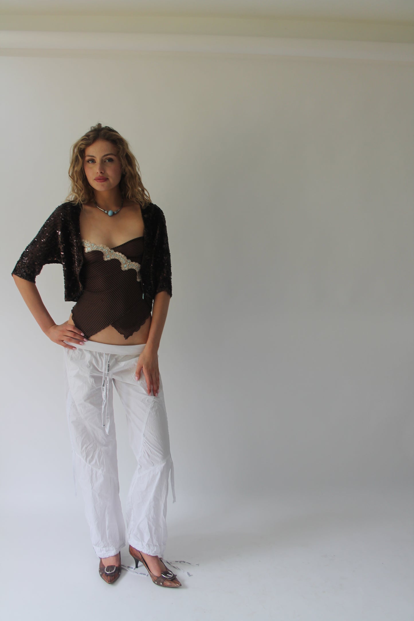 SATC drop | extra small brown pinstripe sheer cami with blue embroidery