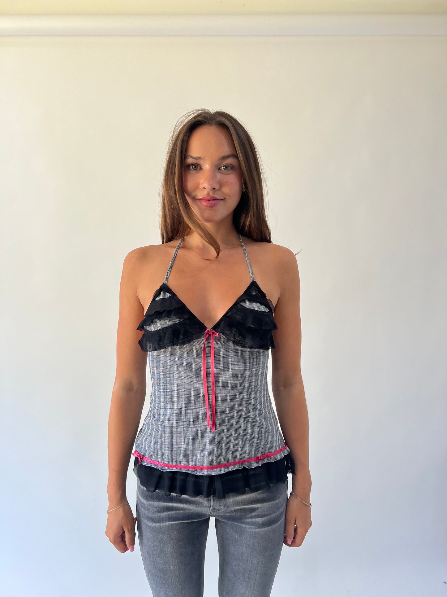 back to school drop | small black plaid top with pink ribbon detail