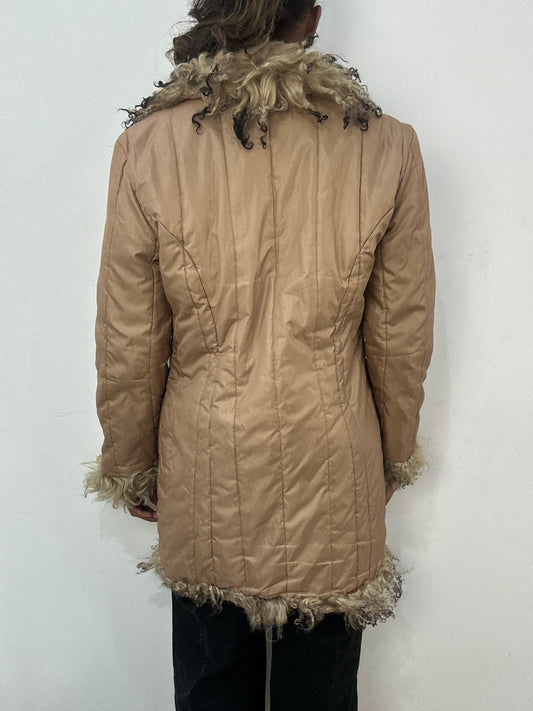 BEST PICKS | small beige quilted puffer jacket with afghan fur details
