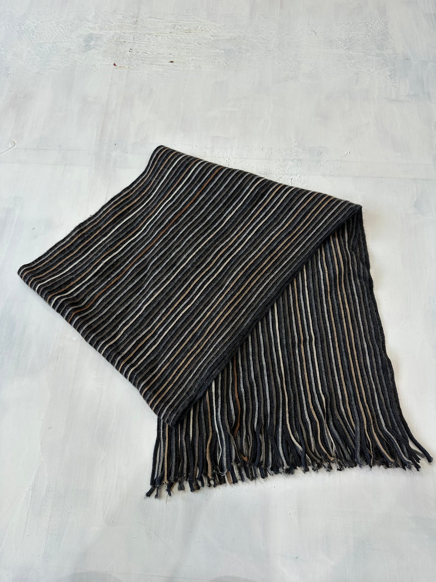 winter edit | grey and tan striped knit tassel scarf